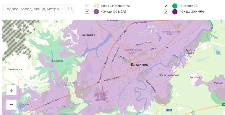Карта покрытия МегаФон во Владимире