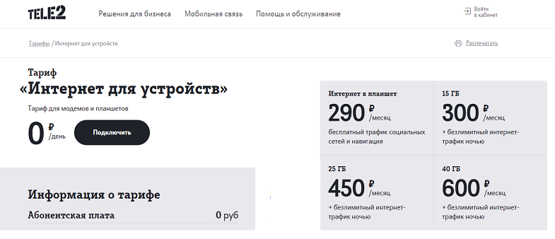 Тариф Теле2 "Интернет для устройств"